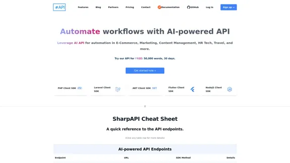 SharpAPI - Automatisez avec une API alimentée par l'IA, automatisation IA pour : E-Commerce, Marketing, Gestion de contenu, Technologies RH, Voyage -