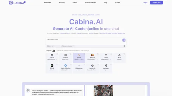 Cabina.AI - Free AI platform: generate content, text, images online | One chat for all your AI needs - CabinaAI