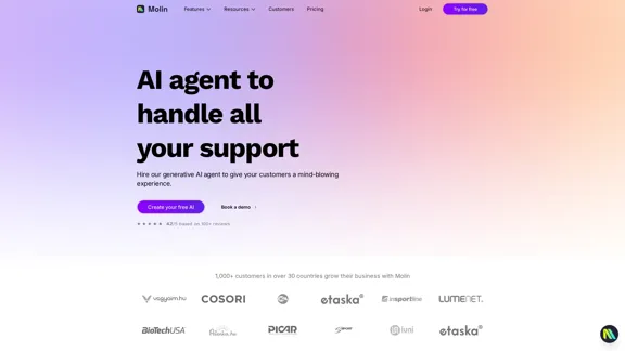 Molin AI - 使用人工智能将您的客户支持减少80%