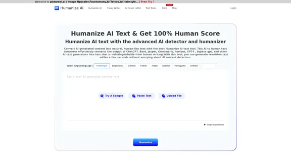 Humanize AI - Free AI Humanizer & Achieve a 100% Human Score